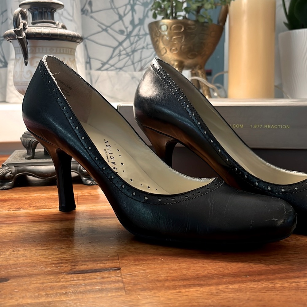 Black, leather, 3” pumps with detailing, size 10